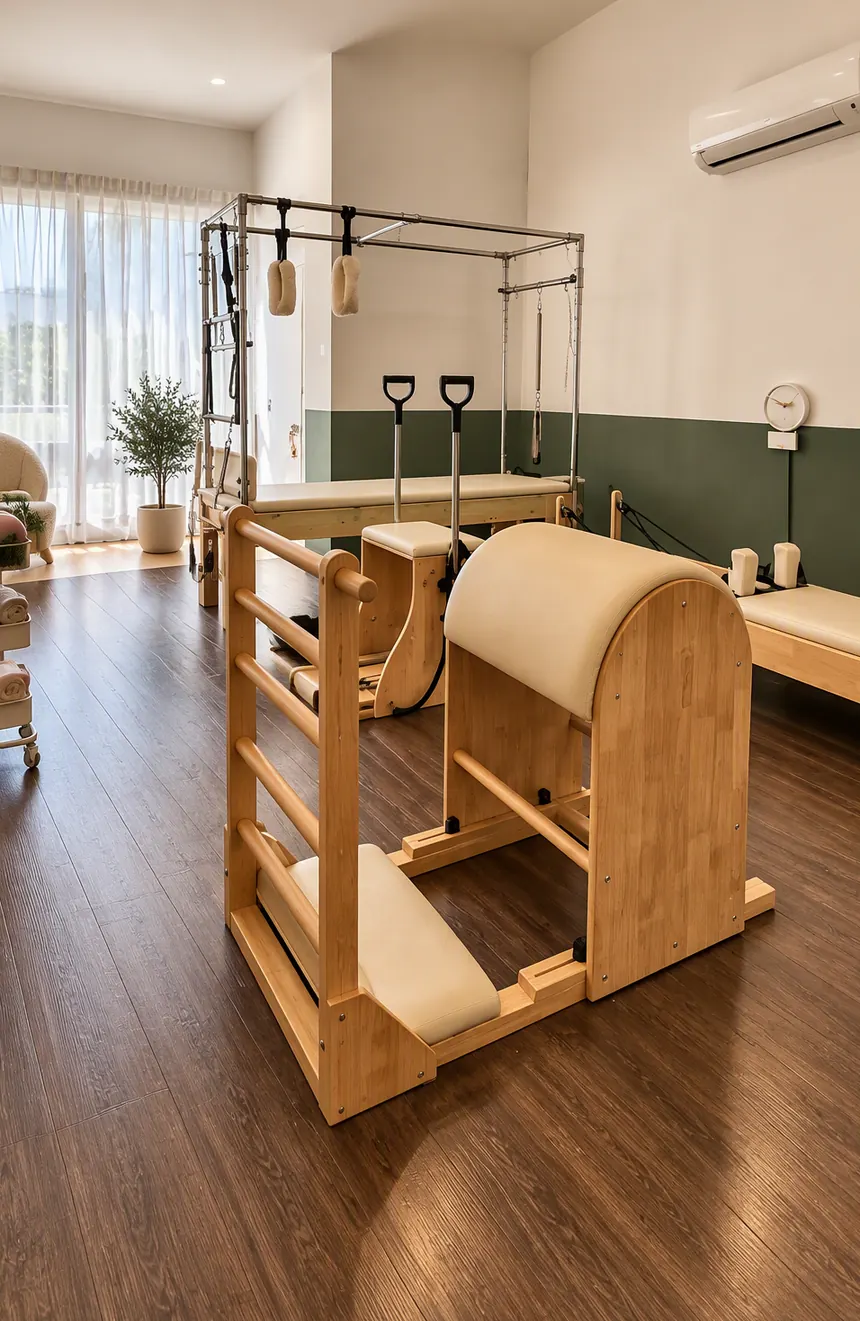 A wooden ladder barrel and Pilates chair in the equipment room