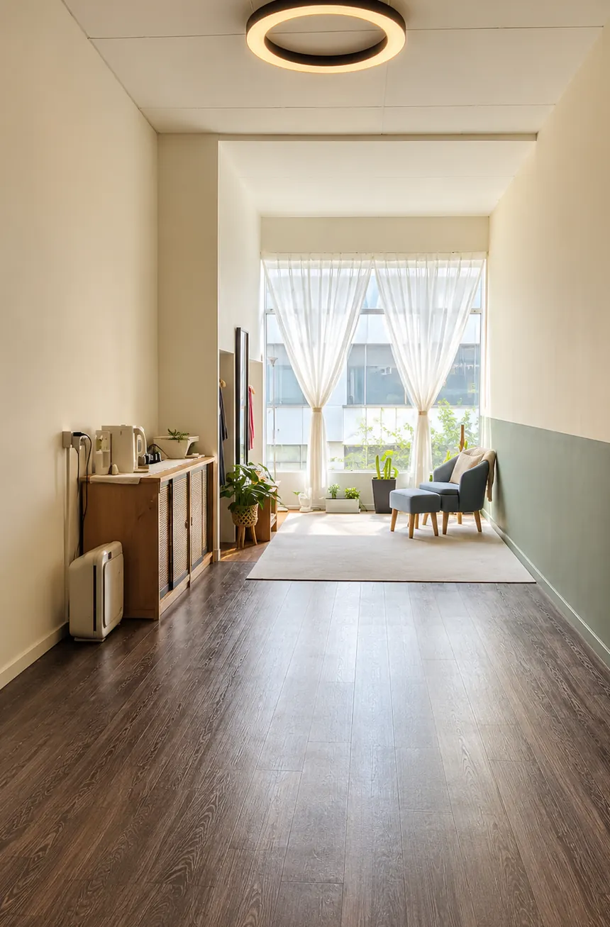 A quiet lounge corner with an armchair under bright windows