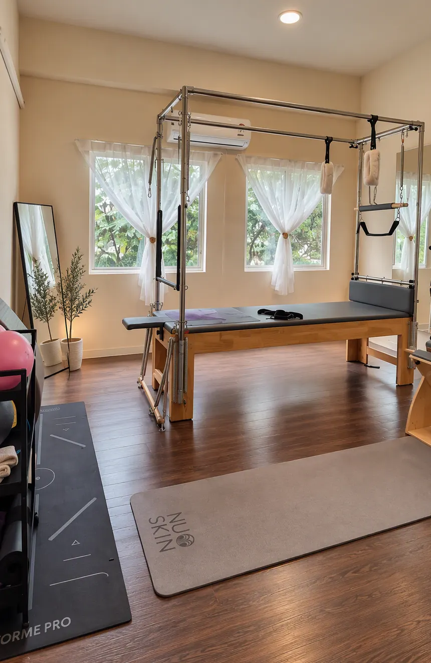 Pilates mats on the wood floor beside the Cadillac
