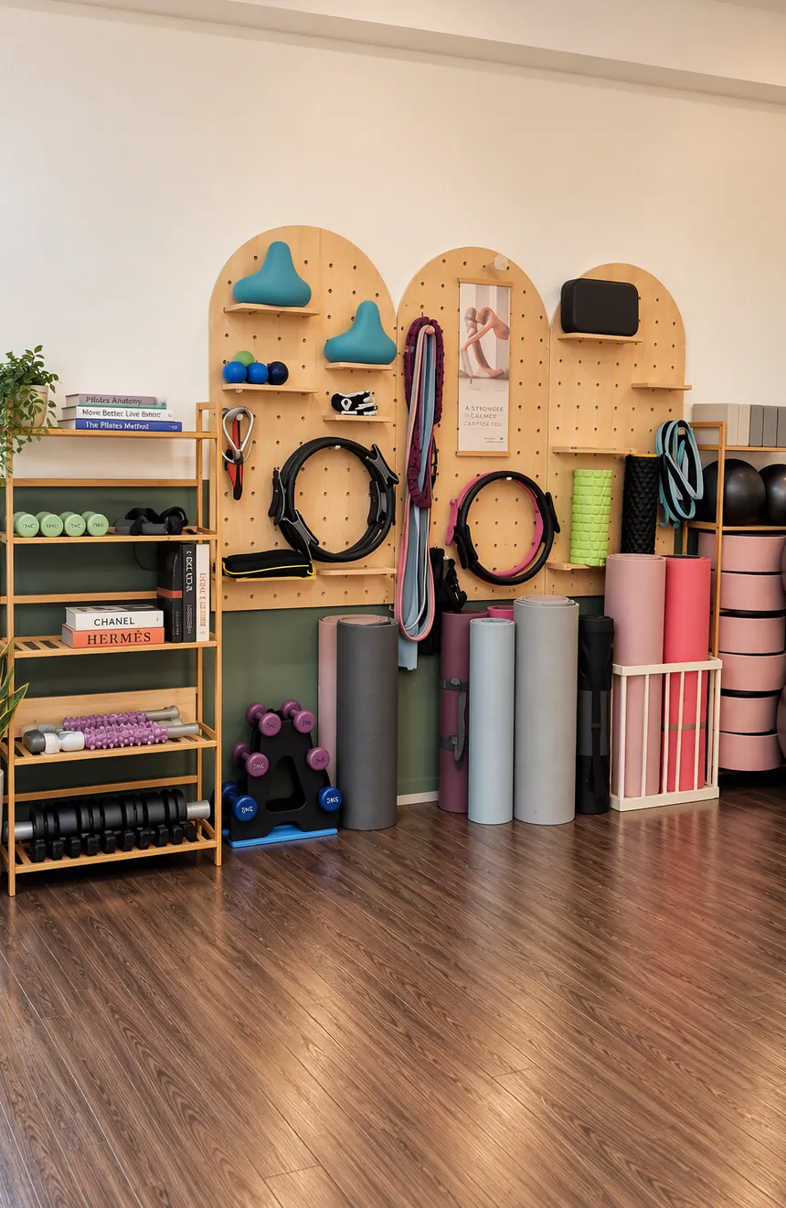 An arched pegboard wall of Pilates rings, balls, bands and mats