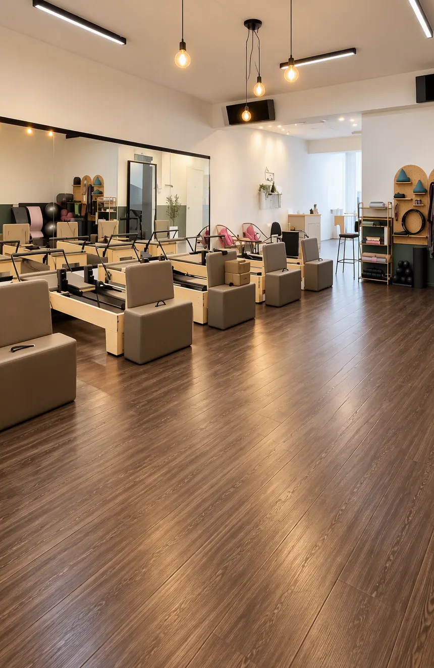 A row of pale wood reformers in the bright main room